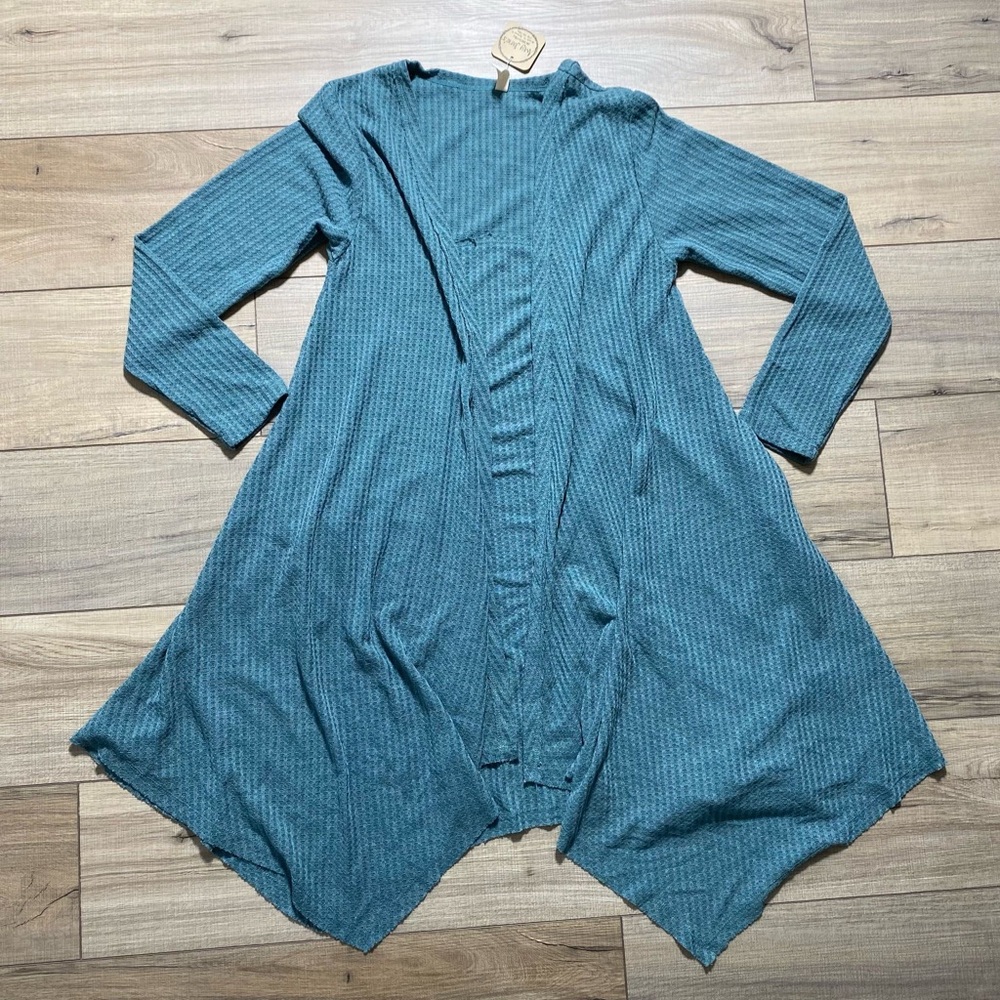 Wishlist Womens Asymmetrical Hem Waffle Knit‎ Open Front Cardigan Large Teal